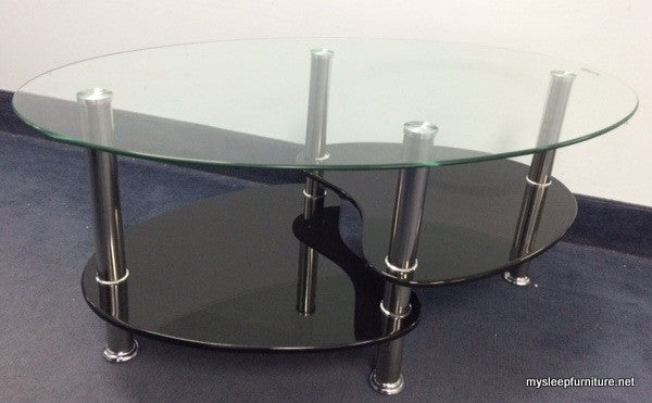 (2009 BLACK)- GLASS COFFEE TABLE- WITH SHELVES- FLOOR MODEL INVENTORY CLEARANCE