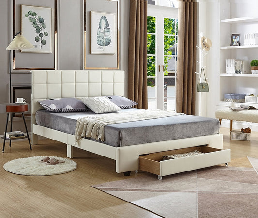 IF-5492 White PU Platform Bed W/ Storage Drawer