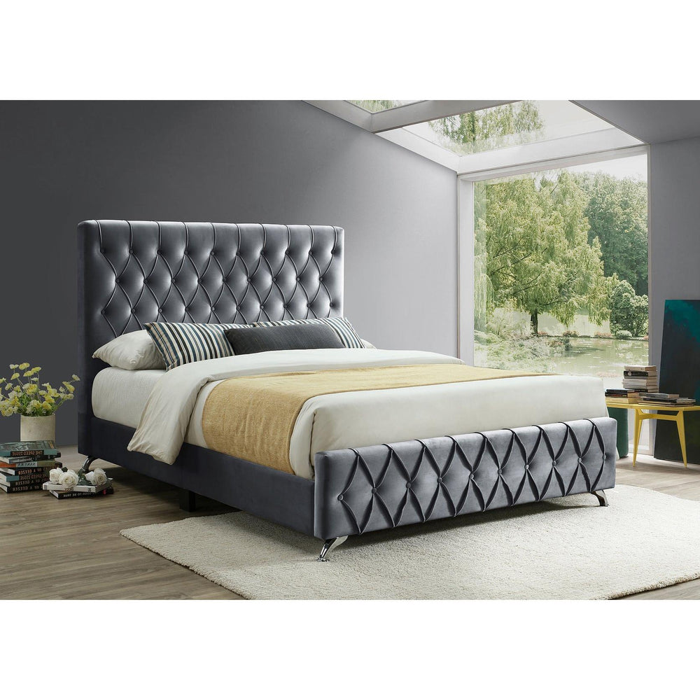 IF-5670 Grey Velvet Platform Bed W/ Chrome Feet