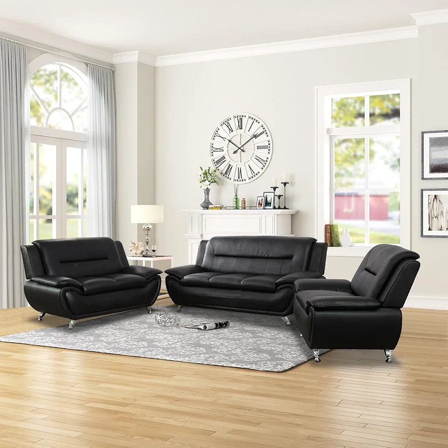 Leather Sofa Set,Leather Sofa Set for Living Room Furniture Sets,Oversize Loveseat Sofa with Chair for Living Room/Office/Apartment(A-Black,3-Piece)