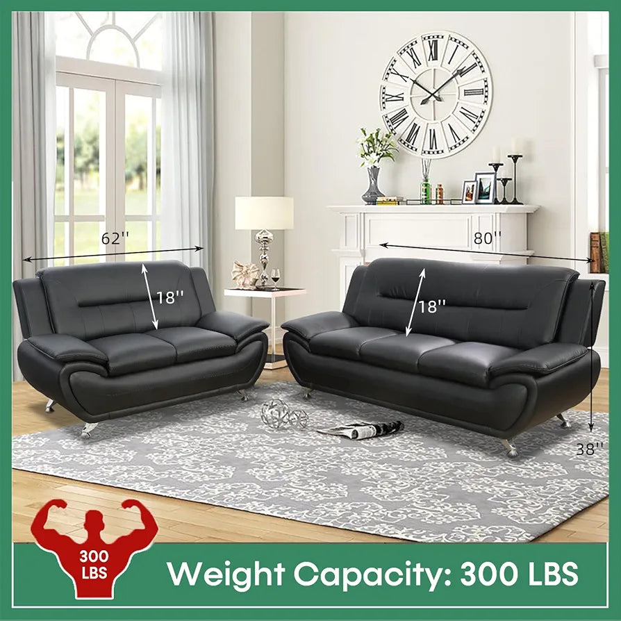 Leather Sofa Set,Leather Sofa Set for Living Room Furniture Sets,Oversize Loveseat Sofa with Chair for Living Room/Office/Apartment(A-Black,3-Piece)