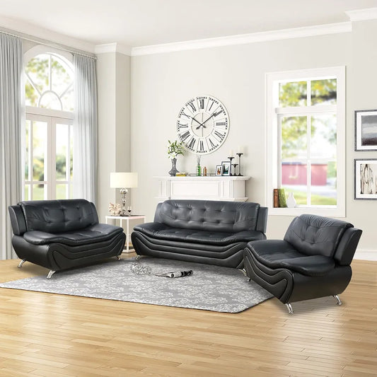 Leather Sofa Set,Leather Sofa Set for Living Room Furniture Sets, Loveseat Sofa with Chair 3-Piece for Living Room/Office/Apartment(Black)