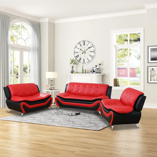 Leather Sofa Set,Leather Sofa Set for Living Room Furniture Sets, Loveseat Sofa with Chair 3-Piece for Living Room/Office/Apartment(Black&Red)