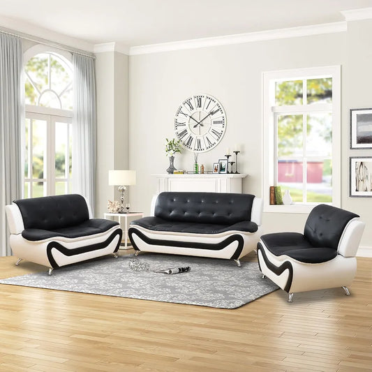 Leather Sofa Set,Leather Sofa Set for Living Room Furniture Sets, Loveseat Sofa with Chair 3-Piece for Living Room/Office/Apartment(Black&White)