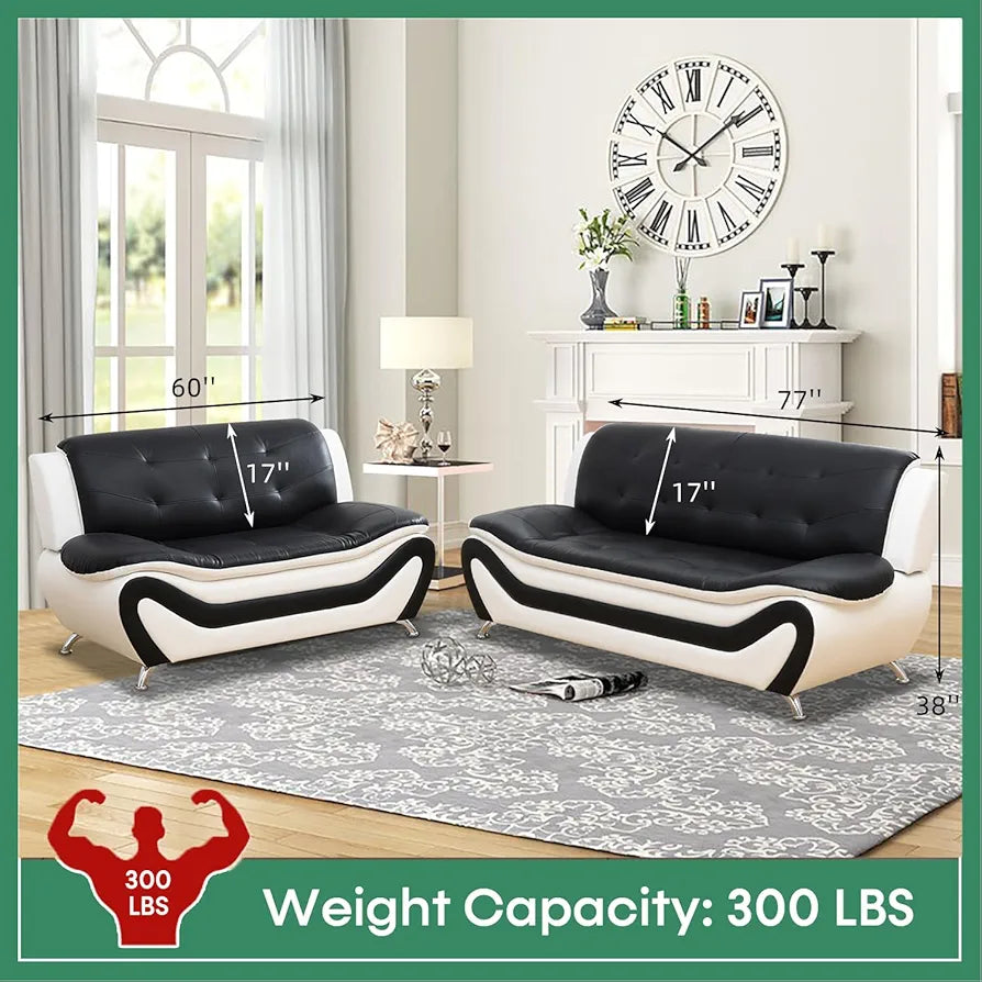 Leather Sofa Set,Leather Sofa Set for Living Room Furniture Sets, Loveseat Sofa with Chair 3-Piece for Living Room/Office/Apartment(Black&White)