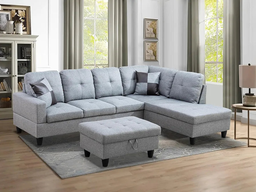 Living Room Furniture Sets 103.5" Width Fabric Sectional Sofa Modern Modular Sofa Set L-Shaped Couch with Storage Ottoman & Toss Pillows for Living Room/Office (Linen Gray, Right Hand Facing)