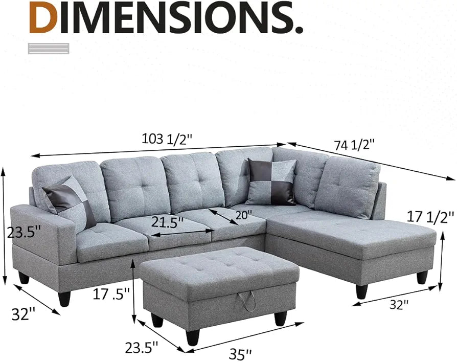 Living Room Furniture Sets 103.5" Width Fabric Sectional Sofa Modern Modular Sofa Set L-Shaped Couch with Storage Ottoman & Toss Pillows for Living Room/Office (Linen Gray, Right Hand Facing)