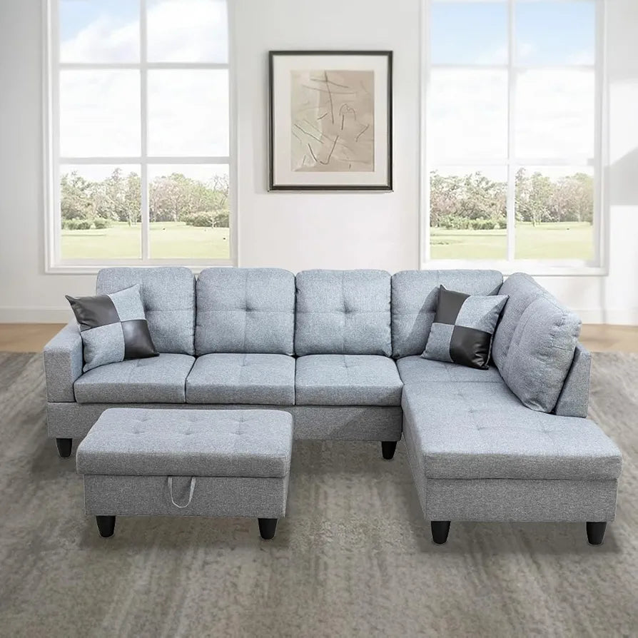 Living Room Furniture Sets 103.5" Width Fabric Sectional Sofa Modern Modular Sofa Set L-Shaped Couch with Storage Ottoman & Toss Pillows for Living Room/Office (Linen Gray, Right Hand Facing)