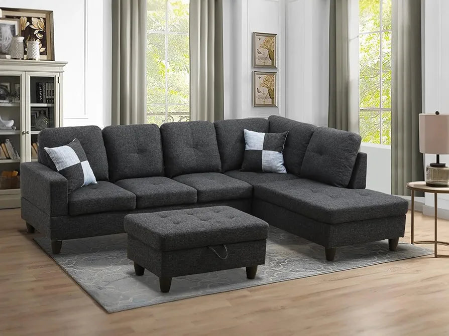 Living Room Furniture Sets Modern Sectional Sofa L-Shaped Couch Set Gray Fabric Upholstery Sofa Set with Storage Ottoman & 2 Toss Pillows for Home/Office (Linen Black Gray, Right Hand Facing)