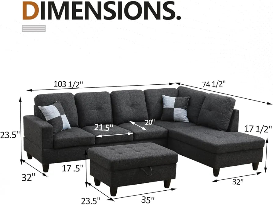 Living Room Furniture Sets Modern Sectional Sofa L-Shaped Couch Set Gray Fabric Upholstery Sofa Set with Storage Ottoman & 2 Toss Pillows for Home/Office (Linen Black Gray, Right Hand Facing)