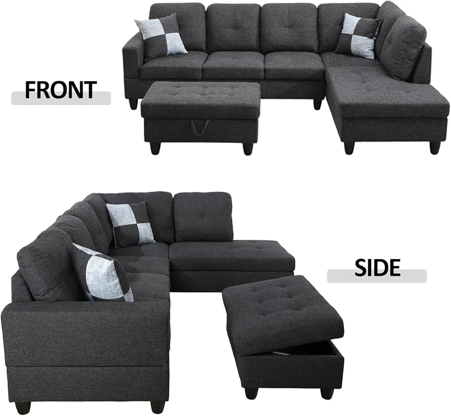 Living Room Furniture Sets Modern Sectional Sofa L-Shaped Couch Set Gray Fabric Upholstery Sofa Set with Storage Ottoman & 2 Toss Pillows for Home/Office (Linen Black Gray, Right Hand Facing)