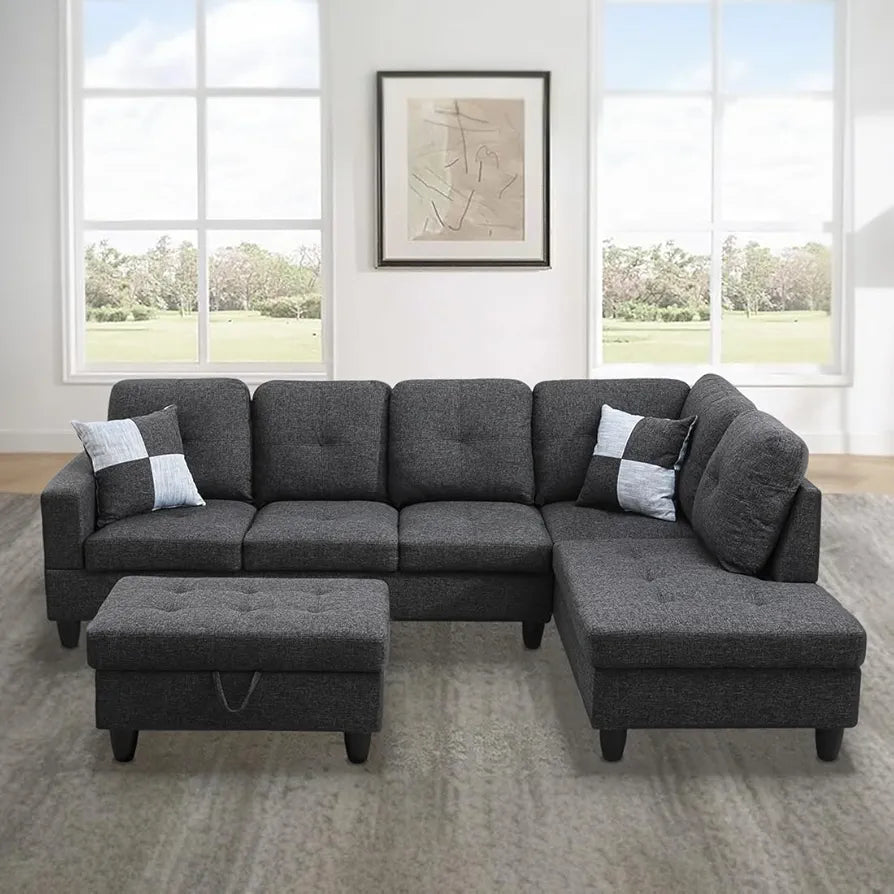 Living Room Furniture Sets Modern Sectional Sofa L-Shaped Couch Set Gray Fabric Upholstery Sofa Set with Storage Ottoman & 2 Toss Pillows for Home/Office (Linen Black Gray, Right Hand Facing)