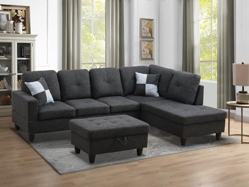 Living Room Furniture Sets Modern Sectional Sofa L-Shaped Couch Set Gray Fabric Upholstery Sofa Set with Storage Ottoman & 2 Toss Pillows for Home/Office (Linen Black Gray, Right Hand Facing)