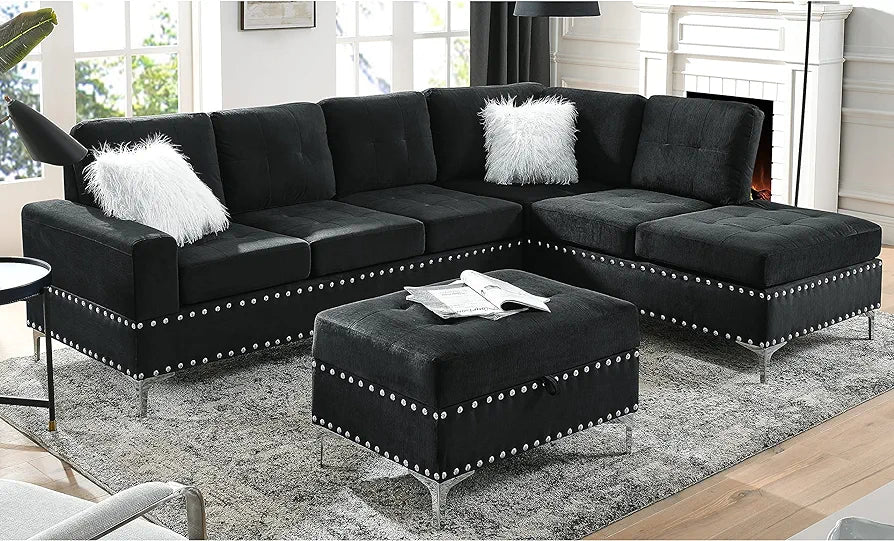 Living Room Furniture Set, Sectional 5-Seater Sofa with Reversible Chaise, Corner Sofa Set with Ottoman, L Shaped Couch for Apartment, Living Room (107.5 Inch Velvet, Black)