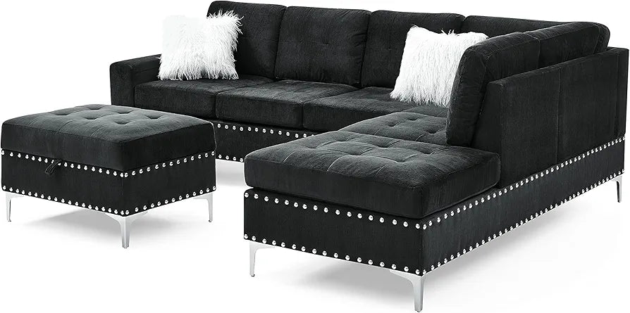 Living Room Furniture Set, Sectional 5-Seater Sofa with Reversible Chaise, Corner Sofa Set with Ottoman, L Shaped Couch for Apartment, Living Room (107.5 Inch Velvet, Black)