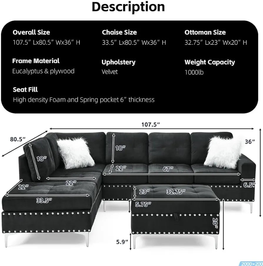 Living Room Furniture Set, Sectional 5-Seater Sofa with Reversible Chaise, Corner Sofa Set with Ottoman, L Shaped Couch for Apartment, Living Room (107.5 Inch Velvet, Black)