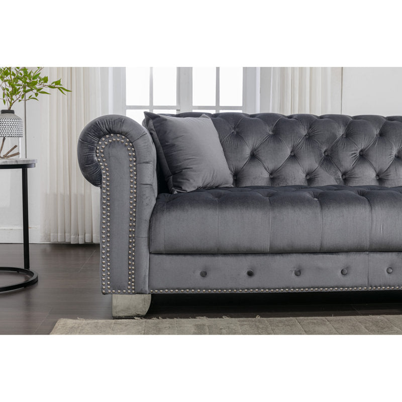 Joannette 112.6'' Wide Traditional Tufted Sectional Sofa Chaise with Nail Trim &amp; 2 Pillows