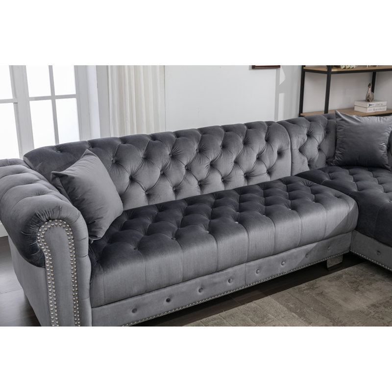 Joannette 112.6'' Wide Traditional Tufted Sectional Sofa Chaise with Nail Trim &amp; 2 Pillows