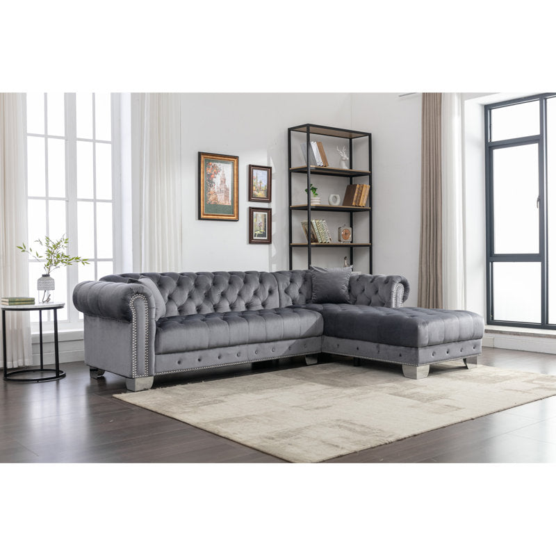 Joannette 112.6'' Wide Traditional Tufted Sectional Sofa Chaise with Nail Trim &amp; 2 Pillows