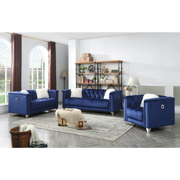 Upholstery 3 Pc Living Room Set Finished in Velvet Fabric in Blue