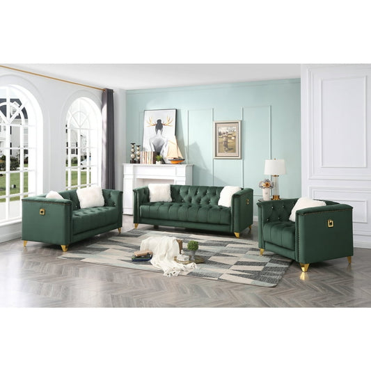 Upholstery 3Pc Living Room Set Finished in Velvet Fabric in Green