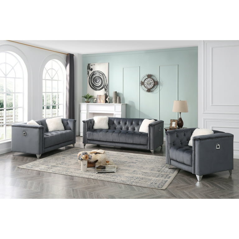 Upholstery 3 Pc Living Room Set Finished in Velvet Fabric in Gray