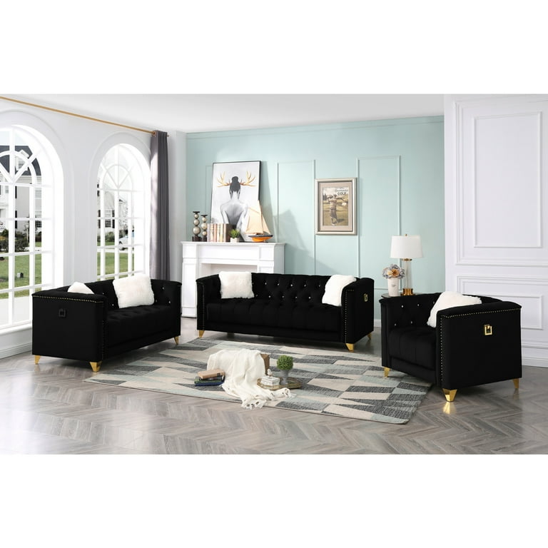 Upholstery 3 Pc Sofa Set Finished with Velvet Fabric in Black