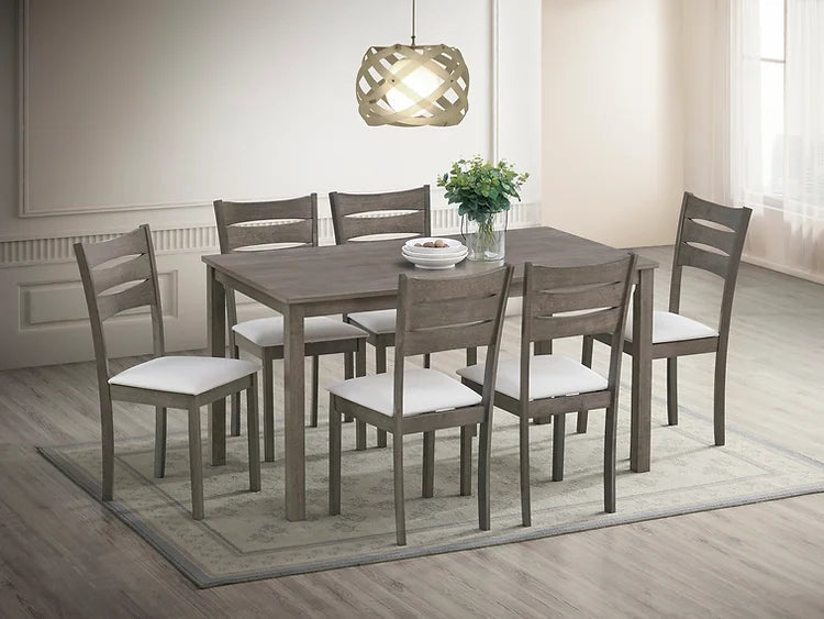 7 Piece Dining Set Rectangular Wood Table Creme Upholstered Cushion Fabric Seats