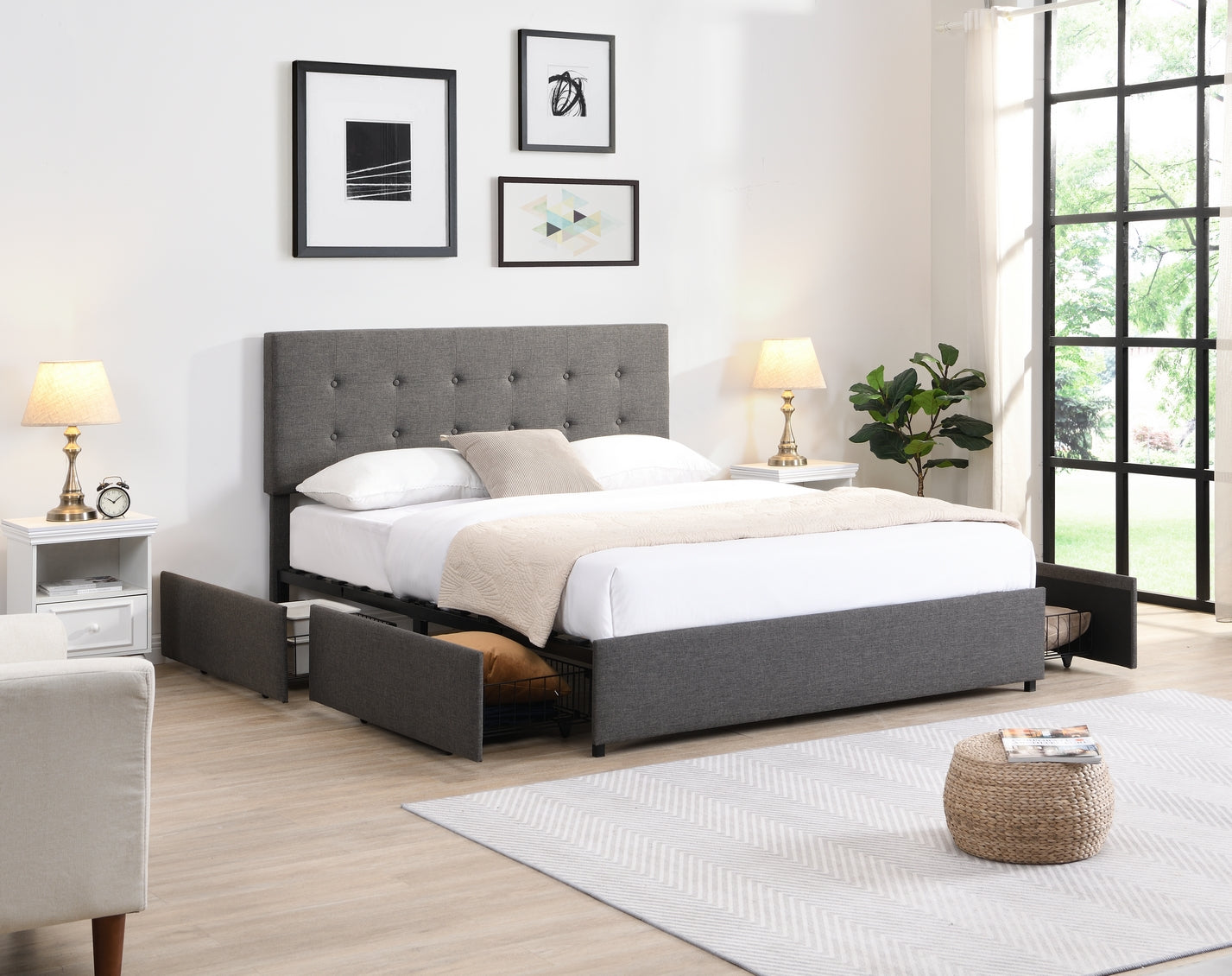 IF-5693 Grey Fabric Platform Bed W/ Wired Storage Drawer