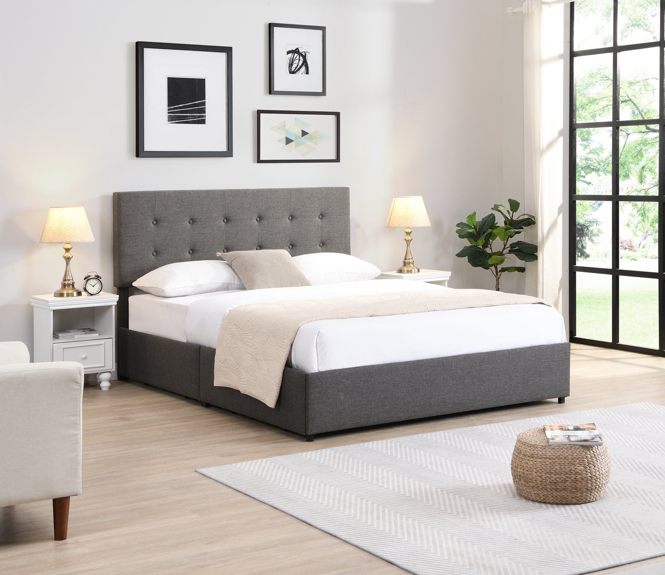 IF-5693 Grey Fabric Platform Bed W/ Wired Storage Drawer