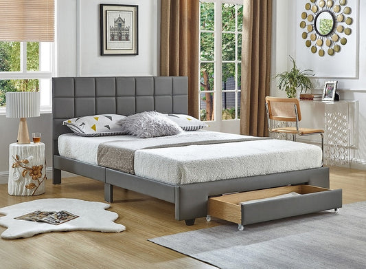 IF-5491 Grey PU Platform Bed W/ Storage Drawer