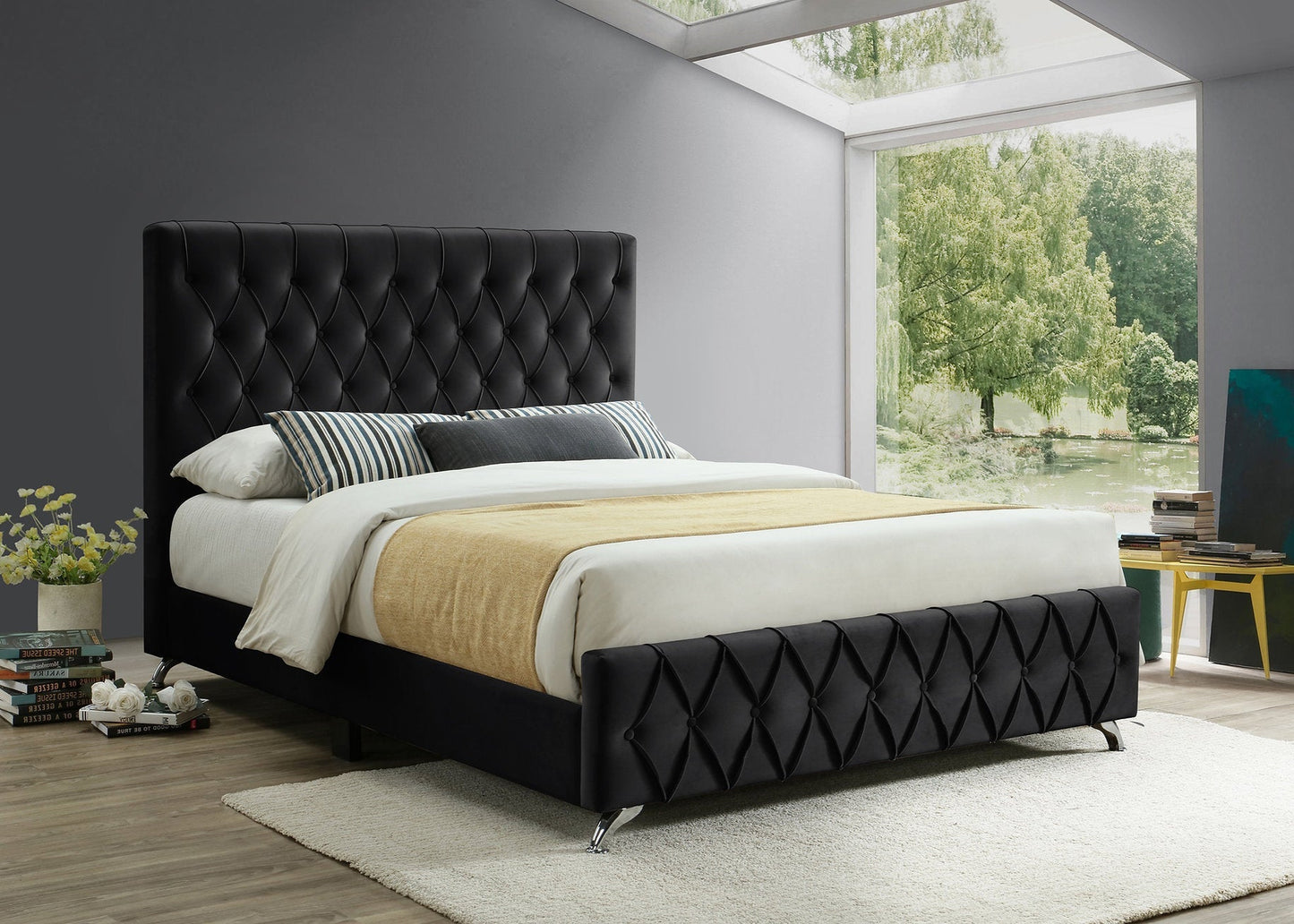 IF-5671 Black Velvet Platform Bed W/ Chrome Feet