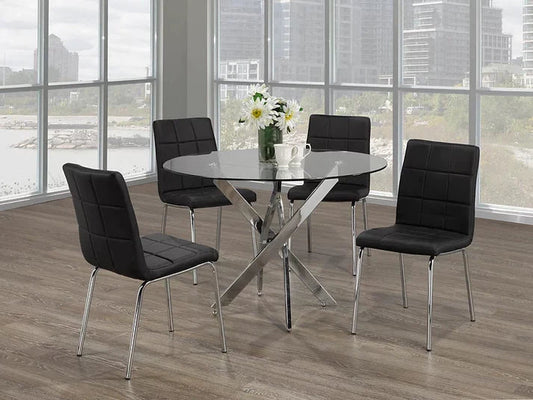 5-Piece Round Glass Dining Set with Swiveled Chrome Legs Black Checkered Chairs