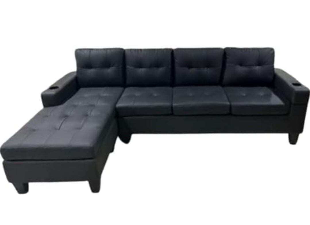 Canapé d'angle réversible en forme de L touffeté anti-rayures en cuir synthétique avec bras intégré et chaise longue (243,8 x 146,1 x 86,4 cm (L x l x H) (noir)