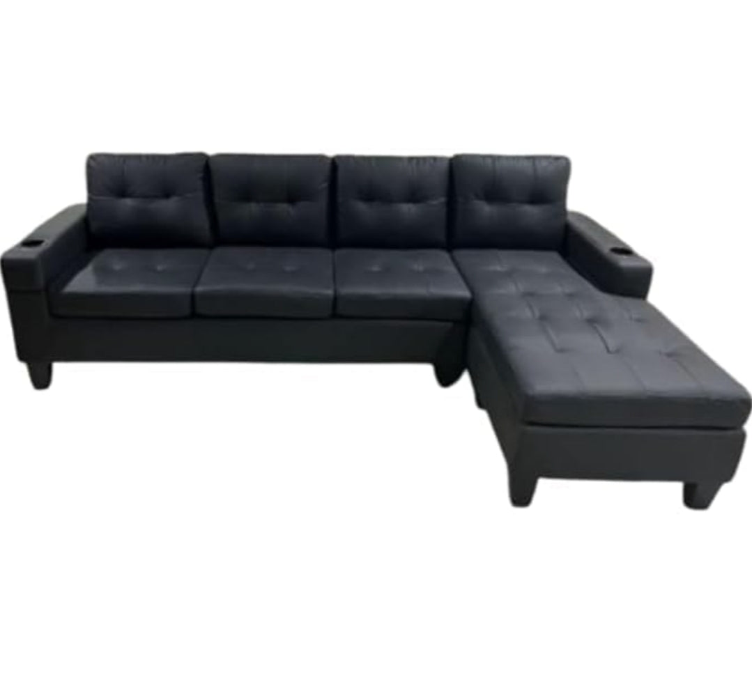 Canapé d'angle réversible en forme de L touffeté anti-rayures en cuir synthétique avec bras intégré et chaise longue (243,8 x 146,1 x 86,4 cm (L x l x H) (noir)