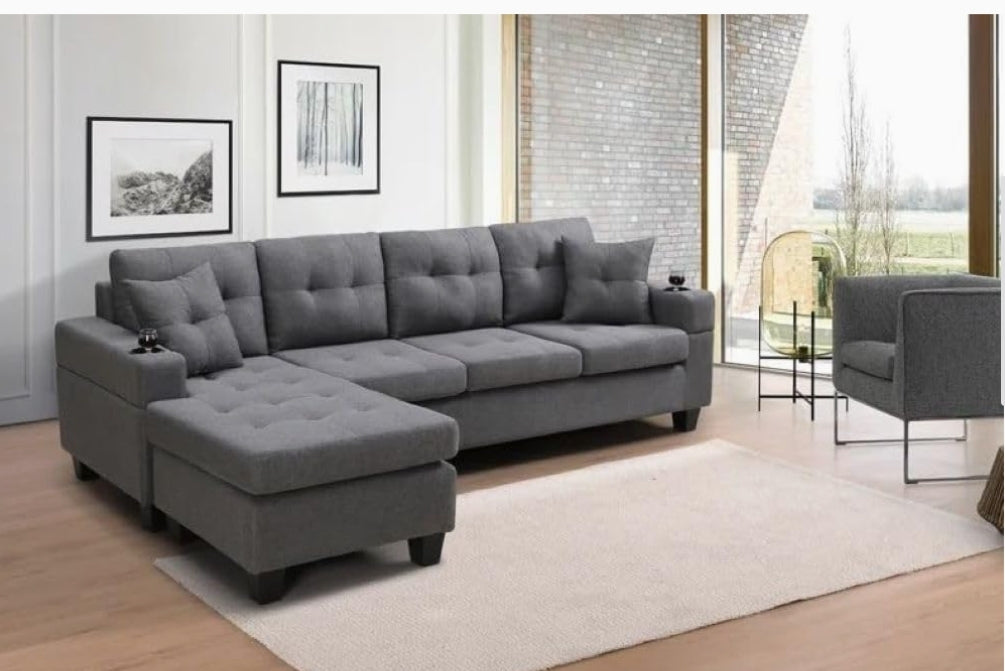 Canapé sectionnel réversible en tissu avec porte-gobelet intégré et chaise longue touffetée (gris)