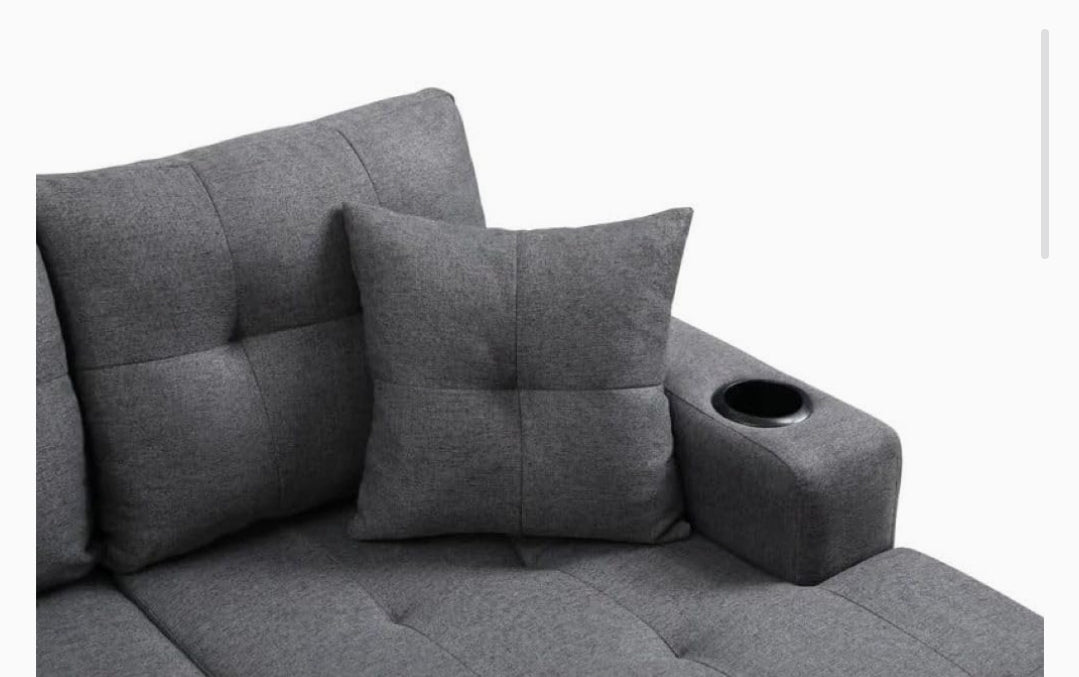 Canapé sectionnel réversible en tissu avec porte-gobelet intégré et chaise longue touffetée (gris)