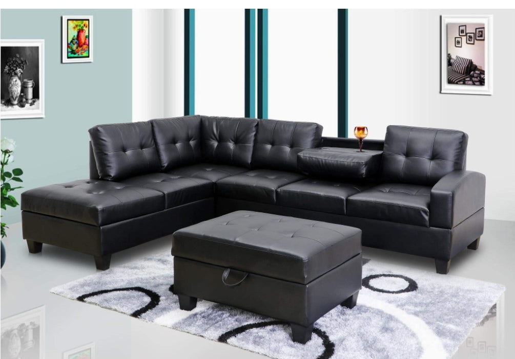 PU Leather Ireversible Sectional Sofa and Ottoman Set Black