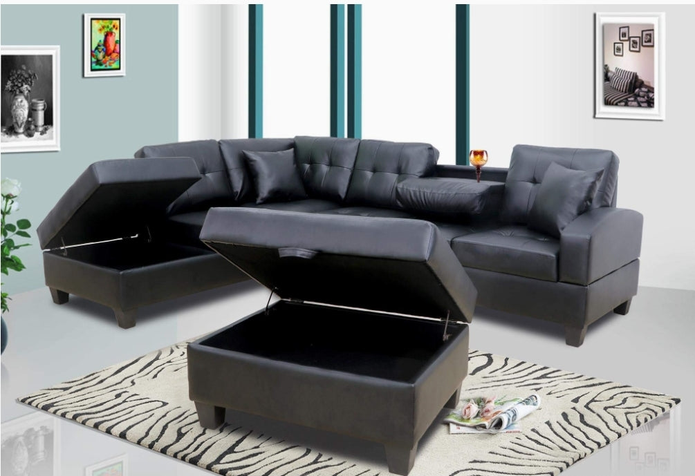 PU Leather Ireversible Sectional Sofa and Ottoman Set Black