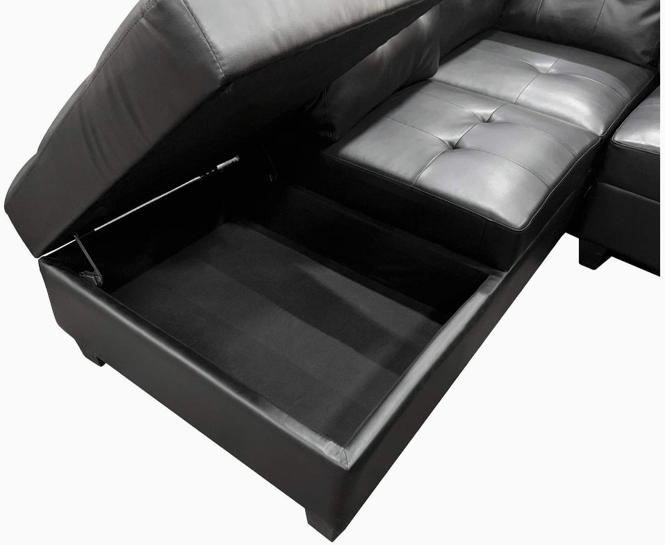 PU Leather Ireversible Sectional Sofa and Ottoman Set Black