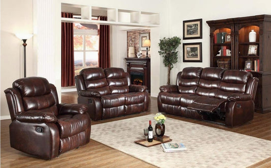 3Pc Brown Leather Reclining Sofa & Loveseat Set