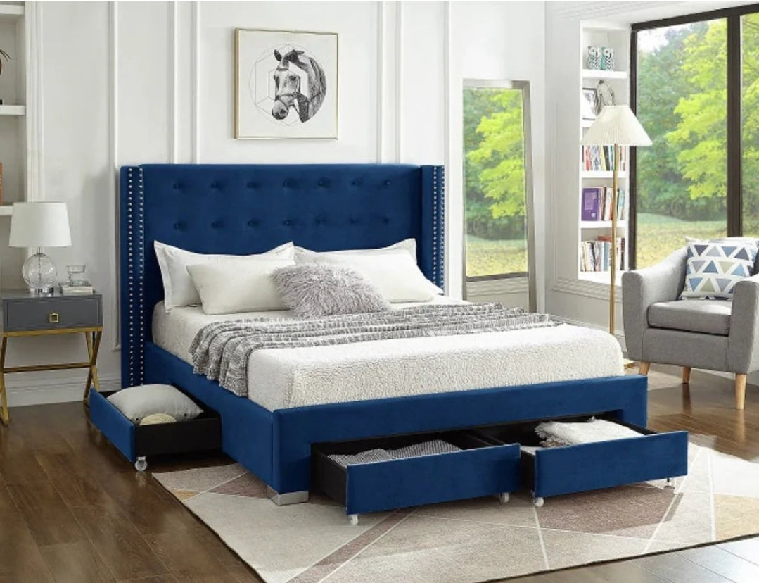 Victory 5321 Blue Velvet Platform Bed w/ Storage Drawers (Queen/King)