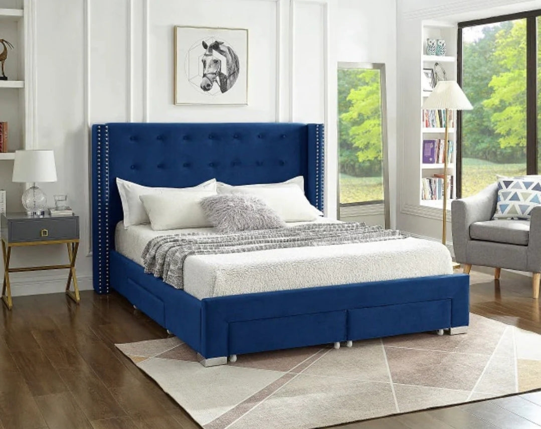 Victory 5321 Blue Velvet Platform Bed w/ Storage Drawers (Queen/King)