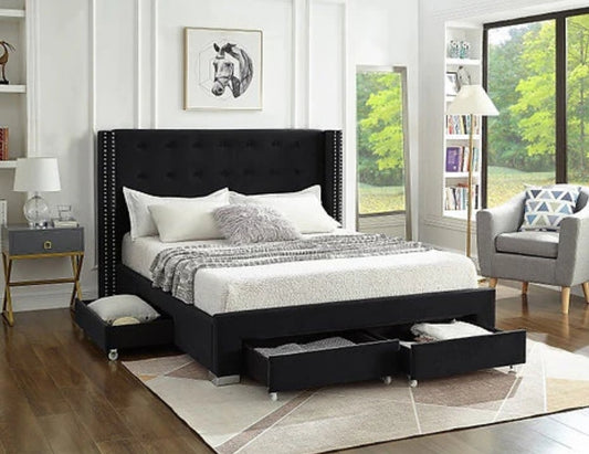 Victory 5323 Black Velvet Platform Bed w/ Storage Drawers (Queen/King)