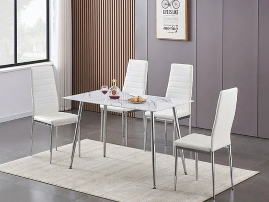 ANA 5 Piece Dining Set White Marble Tempered Glass with White Chairs Chrome Legs