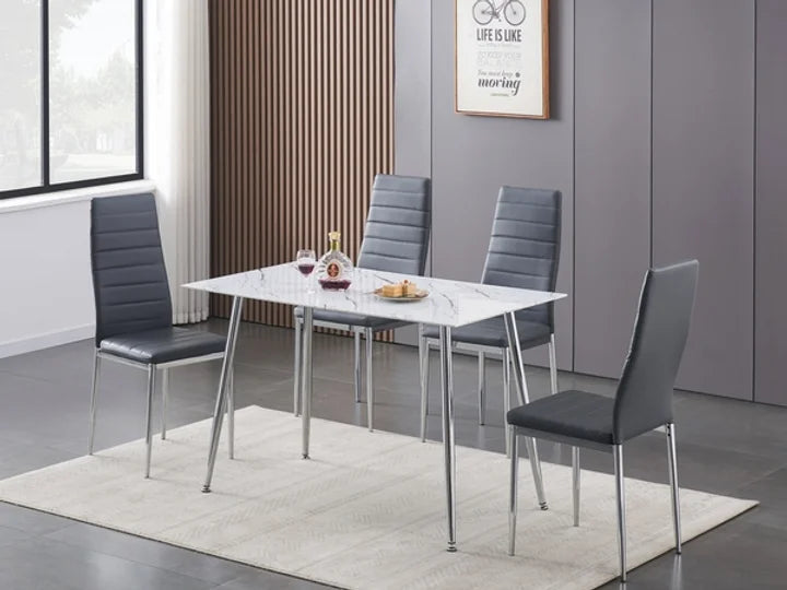 ANA 5 Piece Dining Set White Marble Tempered Glass with Grey Chairs Chrome Legs