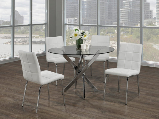 5-Round Glass Dining Set with Swiveled Chrome Legs and White Checkered Chairs