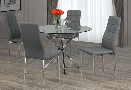 Nil 5 Piece Round Top Glass with Grey Chairs Chrome Legs Eagle ET-1430/Eagle EC-1772