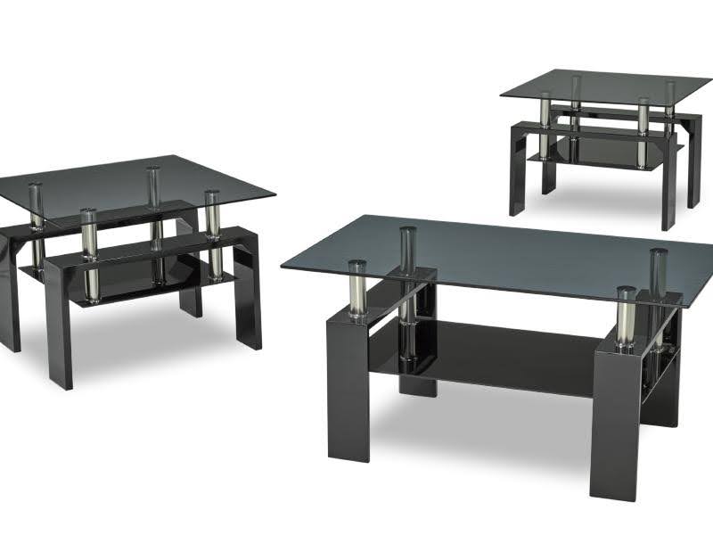 (2011 BLACK- 3)- GLASS COFFEE TABLE- WITH 2 SIDE TABLES- INVENTORY CLEARANCE