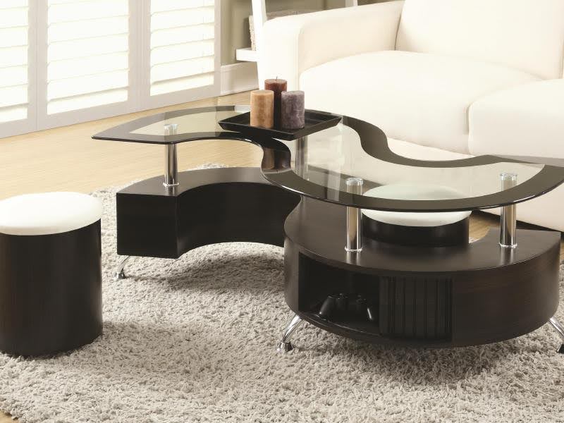 (2050 ESPRESSO)- GLASS- COFFEE TABLE- WITH STORAGE- WITH 2 STOOLS